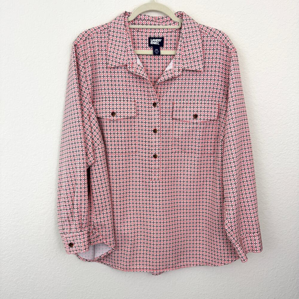 Lands' End Womens Button Shirt Top Size 2X Flowy Classic Geo Print Orange